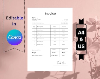Editable Invoice Template Canva, Minimalist Small Business Invoice, Printable Invoice Form, Freelancer Invoice, Instant Download PDF