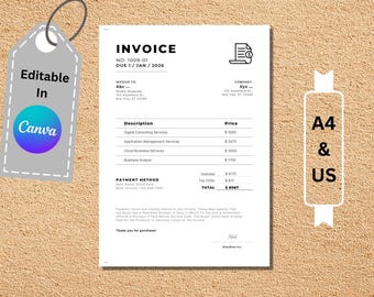 Editable Consulting Invoice Template Canva, Business Service Invoice, Minimal Corporate Invoice, A4 & US Letter Printable, Instant Download