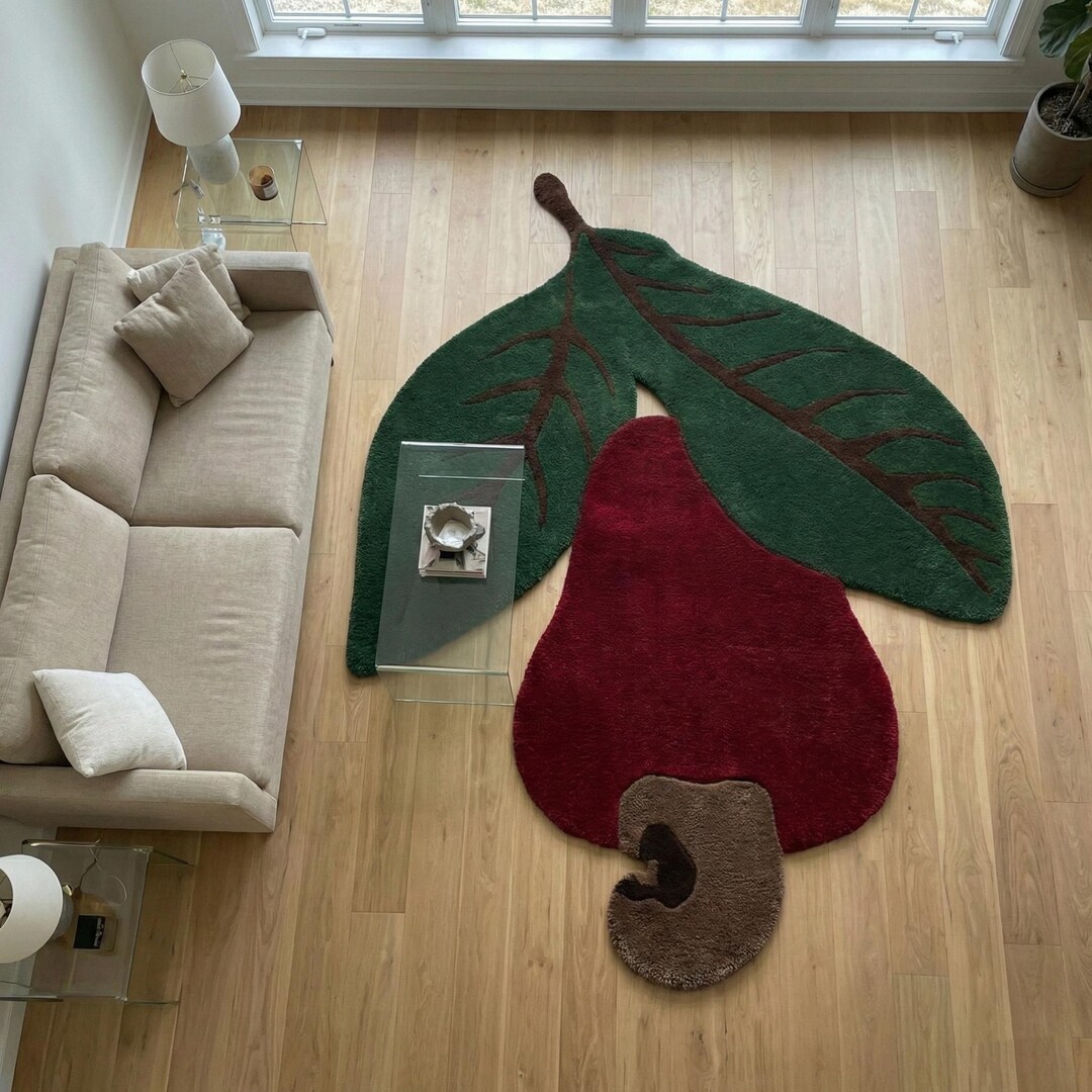 Hand Tufted Cashew Fruit Rug | Tropical Red and Green Shaped Mat ...