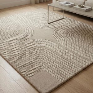 Hand Tufted Wool Rug in Neutral Beige | Textured 3D Rope Pattern Area Rug | Geometric Braided Minimalist Carpet for Living Room & Bedroom