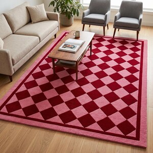 Pink and Red Harlequin Hand Tufted Wool Rug | Burgundy Diamond Checkerboard Area Rug | Preppy Grandmillennial Decor | Geometric Carpet