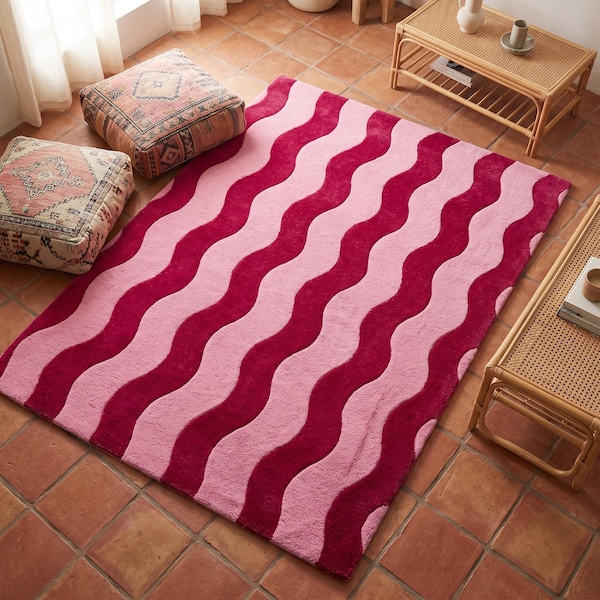 Hand Tufted Wool Wavy Striped Area Rug | Magenta Light Pink Carpet | Dopamine Decor