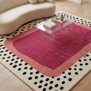 Alfombra de lana tejida a mano con lunares originales / Alfombra geométrica rosa fucsia y magenta / Alfombra con estampado dálmata ecléctico para decoración moderna de arte pop