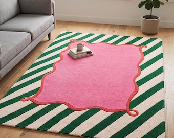 Scalloped Pink and Green Striped Hand Tufted Wool Rug | Playful Wavy Border Area Rug | Preppy Maximalist Decor | Funky Statement Carpet
