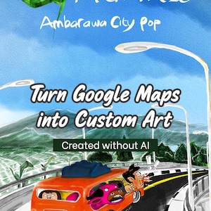 Peut inclure: Illustration publicitaire pour "Mudik 2026 Ambarawa City Pop". On y voit un véhicule orange sur une route sinueuse, avec des passagers et le texte "Turn Google Maps into Custom Art". Le ciel est bleu.
