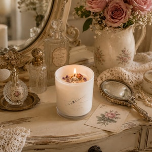 May include: A white glass candle in a cylindrical container with a lit wick, topped with dried purple and yellow flowers and a small crystal. The label features black text and a thin line graphic. The candle sits on a distressed white surface.