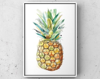 Quirky wall art • fruit illustration • PINEAPPLE tropical print • yellow home decor • kitchen decor • sending love • gifts for her • A4