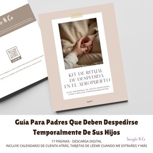 May include: A digital download titled "Kit de Ritual de Despedida en el Aeropuerto" with a photo of hands holding each other. The guide is for Spanish-speaking families. The text "Guía Para Padres Que Deben Despedirse Temporalmente De Sus Hijos" is also visible.