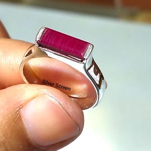 Baguette Ruby Ring, Sterling Silver Bezel Set Rectangle Gemstone (July Birthstone)