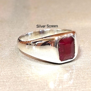 Men's Red Ruby Signet Ring in 925 Sterling Silver, Emerald Cut Dark Red Gemstone Ring, Minimalist Statement Jewelry, Gift for Him