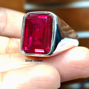 Men's Emerald Cut Ruby Signet Ring, 925 Sterling Silver Statement Ring, July Birthstone
