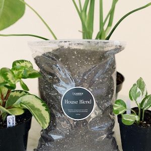 May include: A clear plastic bag filled with dark brown potting soil, featuring a circular black label that reads Garden Collective House Blend. The bag is positioned between two small black plastic pots containing green and white variegated plants.