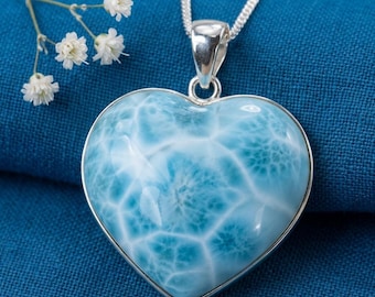 Natural Larimar Heart Pendant, Solid 925 Sterling Silver, Ocean Blue Gemstone Jewelry