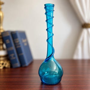 Vintage Blue Art Glass Vase with Applied Spiral, Hand Blown Studio Glass Bottle Vase, Sculptural Turquoise Glass Decor