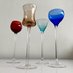 Vintage Set of 4 Colorful Long Stem Cordial Glasses – Mismatched Art Glass – Cobalt Blue Ruby Red Aqua Amber