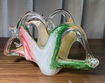 Vintage Murano Style Art Glass Napkin Holder, Hand Blown Italian Style Letter Holder, Freeform Colorful Glass Decor