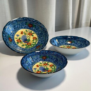 Vintage Japanese Imari Porcelain Bowl Set of 3 Blue Peacock Floral Gold Serving Bowls
