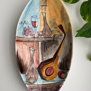 Vintage Italian Decorative Wall Plate – Mid Century Hand Painted Wine & Mandolin Ceramic Plate – Mediterranean Kitchen Decor