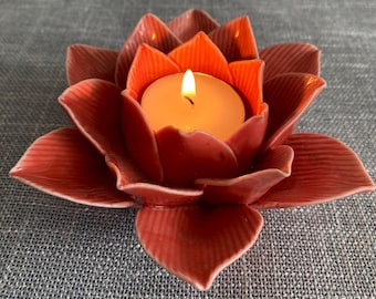 Portavelas de loto, portavelas de cerámica roja con forma de flor, decoración zen, decoración para meditación, ambiente de spa, decoración bohemia para el hogar, idea de regalo