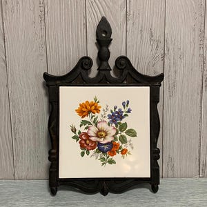 Vintage Floral Ceramic Tile in Ornate Cast Iron Frame | Victorian Wall Decor
