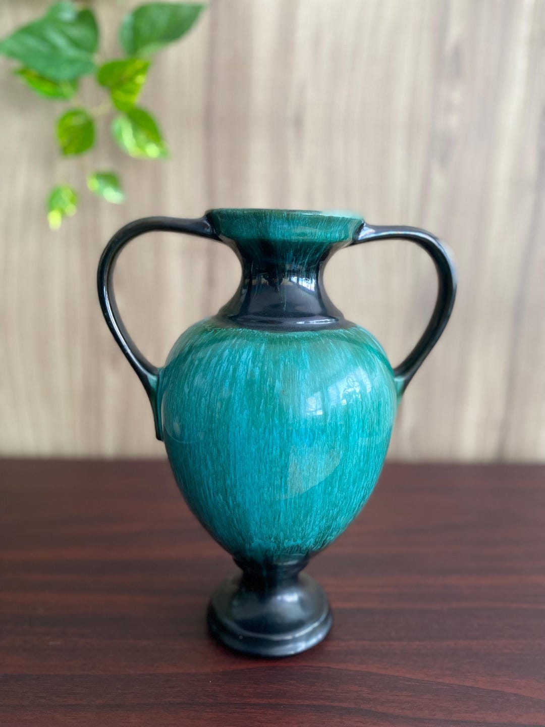Vintage Blue Mountain Pottery Vase | Green Drip Glaze Double Handle Urn ...