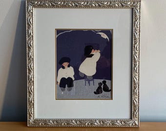 Vintage Diane Ethier Framed Offset Lithograph | Signed Quebec Artist Print | Children & Cats Artwork | Ornate Silver Frame