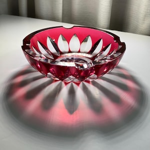 Vintage Val Saint Lambert Ruby Cut Crystal Ashtray, Signed Belgian Cut to Clear Crystal Bowl