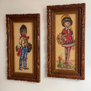 Vintage Framed Needlepoint Pair – Carved Wood Frames – 1960s 1970s Montreal Wall Art