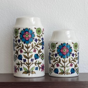 Peut inclure: Deux boîtes de conservation en céramique blanche de hauteurs différentes, ornées d'un motif floral répétitif avec des pétales bleus, roses et verts, des tiges brunes et de petites feuilles. Les récipients cylindriques ont des sommets arrondis.