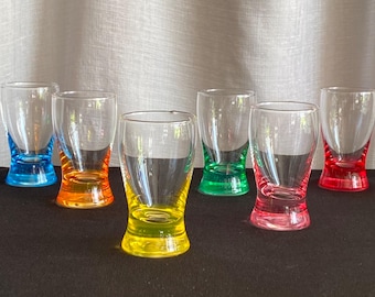 Vintage Color Base Shot Glass Set of 6, Retro Slovakia Cordial Glasses, Mid Century Barware, Colored Aperitif Glasses, Rainbow Shooter Set