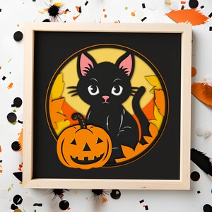 Chat noir avec citrouille Shadow Box fichier SVG pour projets Cricut, art en papier Halloween mignon, décoration bricolage chat noir, Halloween en couches papier SVG