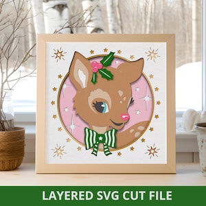 File di Shadow Box SVG di renne retrò per progetti Cricut, arte di carta a strati SVG di Natale, decorazioni natalizie fai da te per mensole, artigianato natalizio