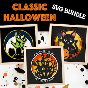 Lot d'Halloween Shadow Box SVG pour projets Cricut, saison effrayante en couches d'art en papier, décoration fantôme DIY, main de zombie, chat noir citrouille SVG