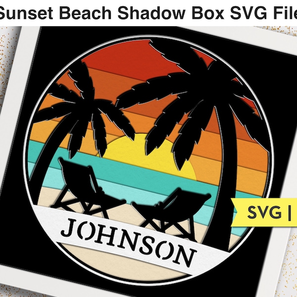 Sunset Beach 3D Shadow Box SVG Custom Name Sign Layered 3d SVG Files for Cricut Projects Personalized Beach Decor Palm Tree Silhouette Art