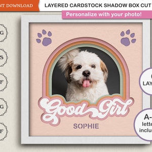 Cadre photo chien rétro SVG 3D Shadow Box SVG chien souvenir cadeau pour les amoureux des chiens arc-en-ciel rétro SVG couches 3D papier cartonné svg pour Cricut