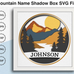 Fichier SVG Mountain Shadow Box pour projets Cricut, couches de papier cartonné 3D SVG, nom de la montagne, cadeau personnalisé pour les randonneurs