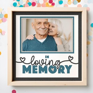 May include: A square wooden frame containing a photograph of an older couple smiling together. Below the photo, the text reads IN loving MEMORY in teal and black lettering, with a small heart icon integrated into the text design.