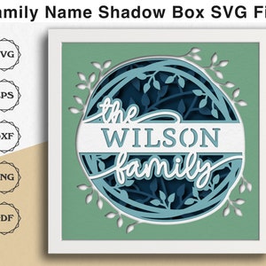 Familienname Shadow Box SVG-Dateien für Cricut-Projekte, Natur inspiriert Familienzeichen Hochzeitsgeschenk für Braut und Bräutigam 3d SVG Layered Paper Art