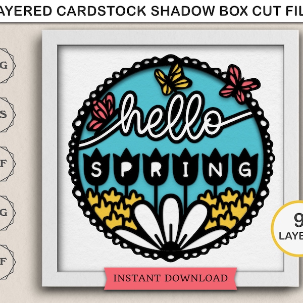 3D Hello Spring Sign Shadow Box SVG Spring Decor Welcome Sign SVG 3D Layered Paper Art Cardstock Home Decor Door Hanger SVG files for Cricut