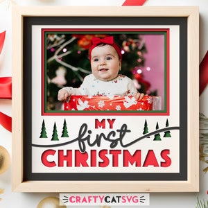 My First Christmas Shadow Box SVG-bestanden voor Cricut-projecten, fotolijst SVG gepersonaliseerd kerstdecor voor baby, 3D-SVG gelaagde papierkunst