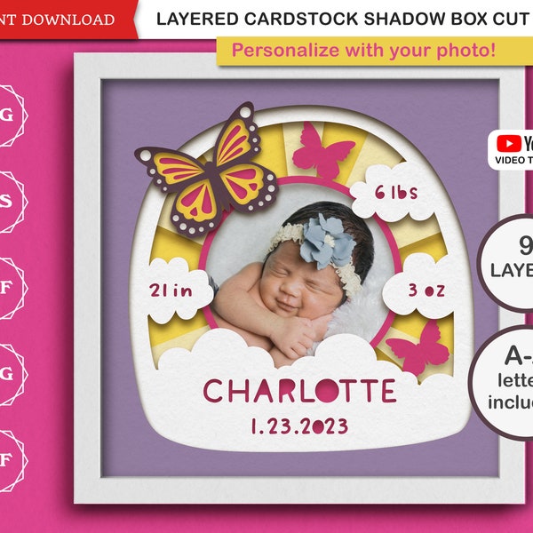 3D Baby Stats Shadow Box SVG Layered Cardstock Butterfly SVG Photo Frame Birth Announcement SVG Files for Cricut Projects Baby Shower Gift