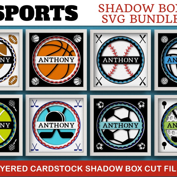 Nom de sport personnalisé signe Shadow Box SVG, football, baseball, football, basket-ball, hockey, tennis, fichiers SVG en couches pour projets Cricut