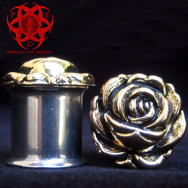 Gold and Black Rose Flower Ear Plugs gauged ears 7/16"