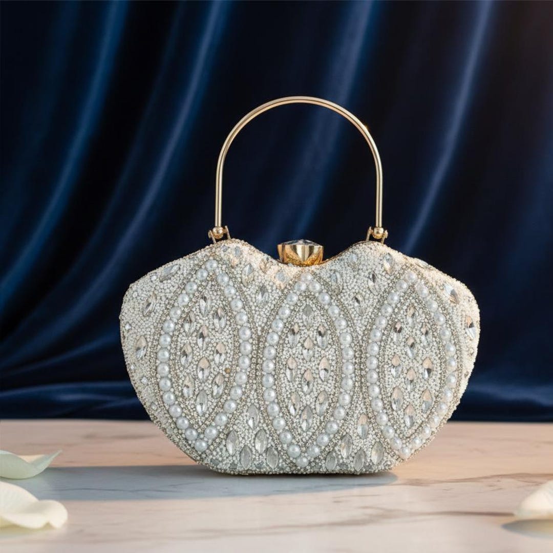 Pearl Beaded Bridal Clutch Bag, Luxury Wedding Evening Purse With Gold ...