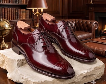 Men's Cherry Red Leather Oxford Shoes | Handcrafted Burgundy Formal Shoes | Glossy Medallion Toe Dress Shoes