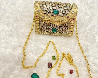 Emerald Green Box Clutch Bag, Handcrafted Brass Evening Purse, Mosaic Crystal Bridal Clutch, Indian Wedding Guest Bag, Vintage Style Gold