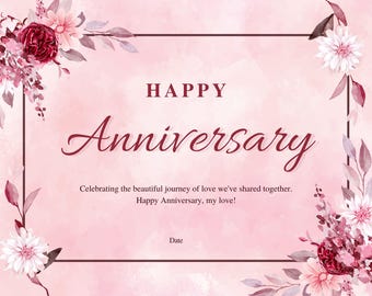 Personalized Anniversary Printable. Romantic Floral Anniversary Card, Custom Names & Date, Instant Download