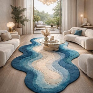 May include: A modern living room featuring a blue, cream, and light blue wavy area rug. The rug is placed in front of a glass coffee table and two curved cream-colored sofas. A large window and a decorative light fixture are also visible.