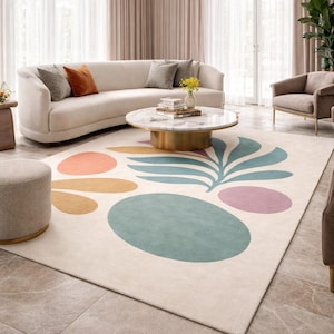 Handmade Tufted Abstract Botanical Rug | Modern Minimalist Wool Carpet | Colorful Leaf Pattern Area Rug | Living Room Decor |Custom Size Rug