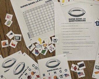Paquete de juegos Super Football Party: Hojas de bingo, casillas de apuestas y hoja de predicciones (descarga digital, PDF)